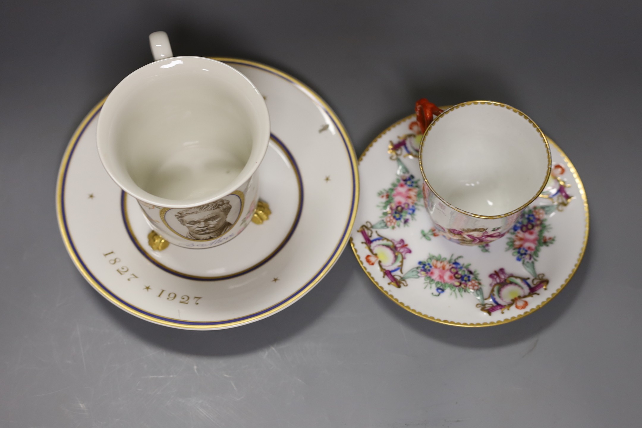A KPM porcelain 100th anniversary of the death of Beethoven cup and saucer, painted with a portrait of Beethoven, celebrating the centenary of the composer’s death in 1827, 109 of 300, circa 1927 and Capo di Monte cup an